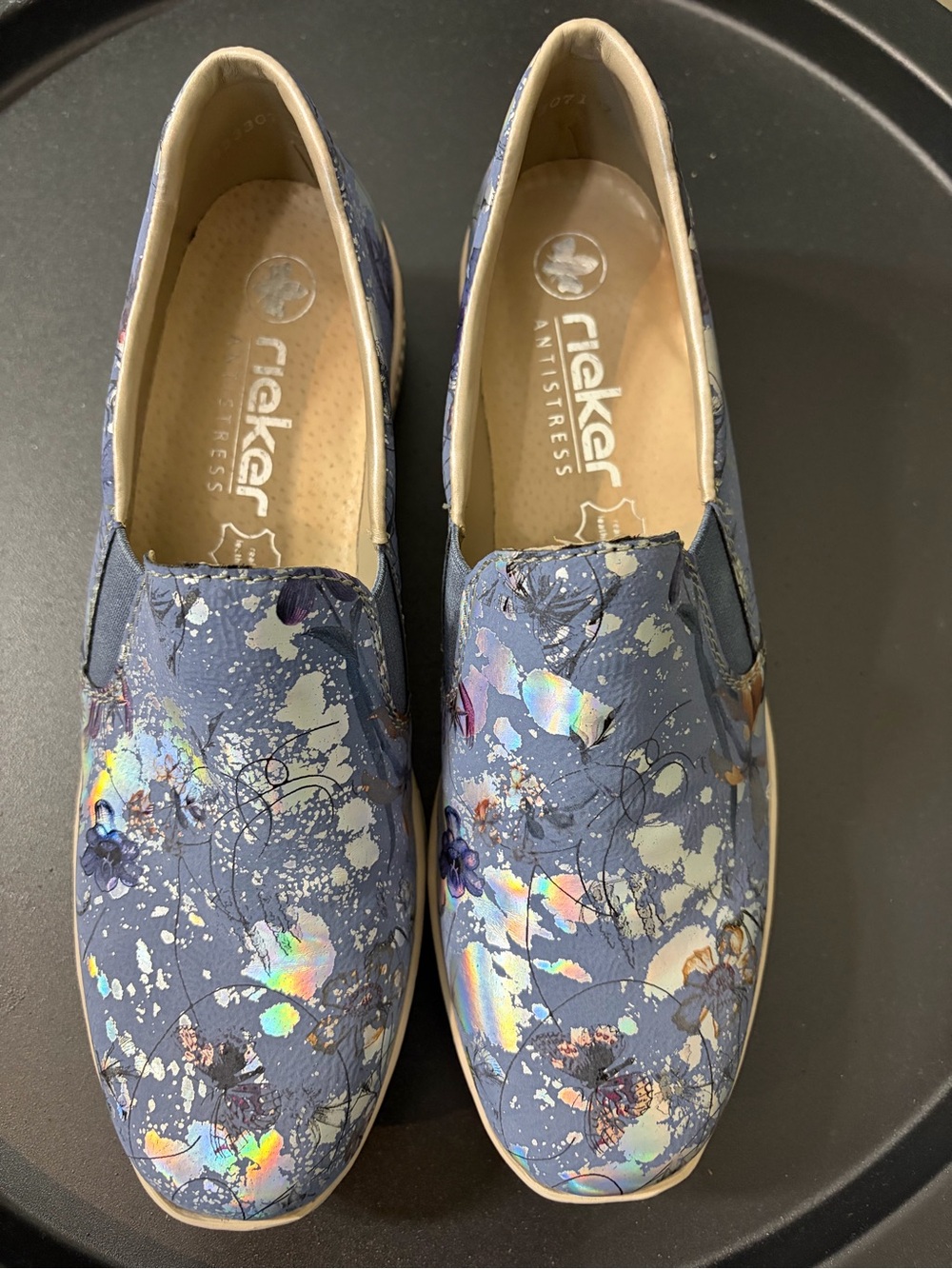 Rieker Blue Floral Holographic Slip-On Sneakers